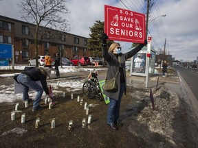 People demonstrate in support of the well-being of long-term care home residents outside of Kennedy Lodge Long Term Care Home in the Scarborough area in Toronto.