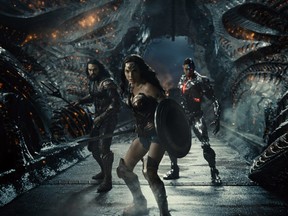 Jason Momoa, Gal Gadot and Ray Fisher in a scene from Justice League.