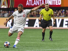 Toronto FC midfielder Nick DeLeon scores the game-winning goal against Atlanta United last year.