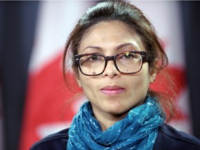 Ensaf Haidar, the wife of the Saudi Blogger Raef Badawi, holds a press conference in Ottawa, Ontario, on January 29, 2015 asking Canadian Prime minister Stephen Harper to plead on Saudi Arabia to free her husband.