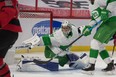 Maple Leafs goalie Frederik Andersen fails to make the save against Senators winger Drake Batherson during the second period in Ottawa on Sunday night. Andersen, playing in a contract year, heads into the final 26 games with something to prove.