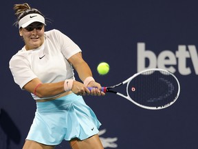 Bianca Andreescu hits a backhand against Sara Sorribe in a women's singles quarterfinal in the Miami Open at Hard Rock Stadium.