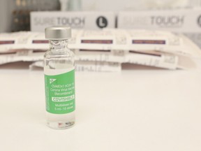 An AstraZeneca COVID-19 vaccine container at the Shopper's Drug Mart on The Kingsway in Etobicoke on March 12, 2021.