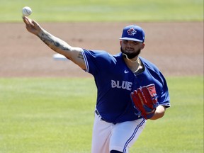 Toronto Blue Jays starting Alek Manoah (75) throws a pitch during the first inning against the New York Yankees at TD Ballpark March 14, 2021.