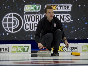 Canadian skip Brendan Bottcher  practises on March 30, 2021, in preparation for the start of the world men's curling championship in Calgary.