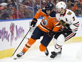 Chicago Blackhawks defenceman Brent Seabrook (7) during NHL action at Rogers Place in Edmonton Nov. 1, 2018.