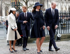 Prince Harry, his fiancee Meghan Markle, Prince William and Kate, the Duchess of Cambridge, arrive at the Commonwealth Service at Westminster Abbey in London, Britain, March 12, 2018.