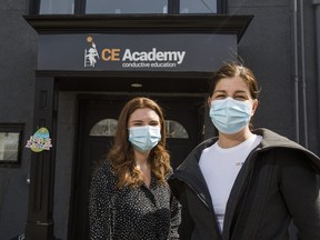 Cassandra Farrugia, special education teacher (left) and Sophie Loszmann, principal, in front of CE Academy in Mississauga.