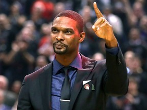 Former Toronto Raptors star Chris Bosh is recognized on court during Game 1 of the 2019 NBA Finals at Scotiabank Arena on May 30, 2019 in Toronto.