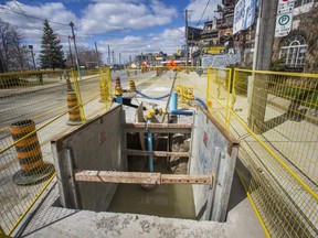 Construction at the King-Queen-Queensway-Roncesvalles intersection as a part of  reconfiguration and infrastructure improvements in Toronto, Ont. on Monday March 29, 2021. /Toronto Sun/Postmedia