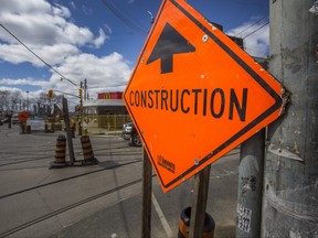 Construction at the King-Queen-Queensway-Roncesvalles intersection as a part of  reconfiguration and infrastructure improvements in Toronto, Ont. on Monday March 29, 2021.