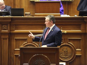 South Carolina Sen. Greg Hembree, R-Little River, speaks in favour of a bill that would add the firing squad to the electric chair and lethal injection as execution methods in the state on Tuesday, March 2, 2021, in Columbia, S.C.