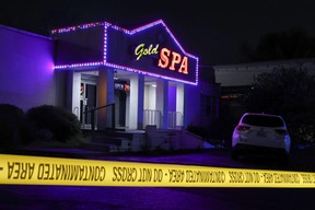 Crime scene tape surrounds Gold Spa after deadly shootings at a massage parlour and two day spas in the Atlanta area, in Atlanta, Georgia, U.S. March 16, 2021.