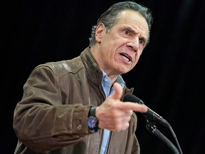 New York Governor Andrew Cuomo speaks during a press conference before the opening of a mass vaccination site in the Queens borough of New York February 24, 2021.