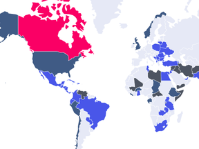 Hellosafe.ca map of the status for Canadian visitors around the world.