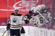 Oilers blueliner Darnell Nurse is congratulated after scoring a goal against the Canadiens. Nurse had 11 heading into Monday night's game against the Maples Leafs, tying him with Montreal’s Jeff Petry for the most goals scored by a defenceman this season.