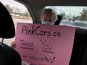A senior who used the PinkCars volunteer service that helps seniors book appointments for the COVID-19 vaccination and then if requested, drives them to appointments and back home.