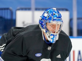 Maple Leafs goalie Frederick Andersen ahead of the game Tuesday, March 9, 2021.