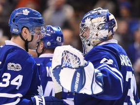 Maple Leafs' Auston Matthews (left) and goalie Frederik Andersen are set to return to the lineup on Wednesday night to face the Oilers in Edmonton.