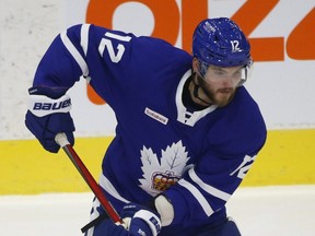 Toronto Marlies forward Alex Galchenyuk passes the puck during the third period in Toronto on Monday, March 1, 2021.