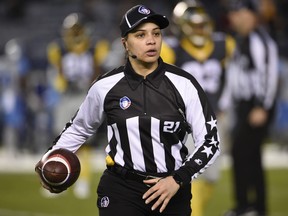 Referee Maia Chaka officiates while the Salt Lake Stallions and the San Diego Fleet play in the Alliance of American Football game at SDCCU Stadium on March 09, 2019 in San Diego, California.