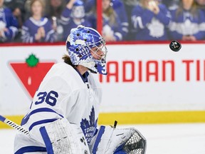 Maple Leafs goalie Jack Campbell tracks the puck during a game against the Senators in Ottawa.
