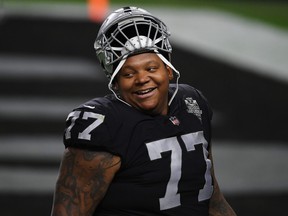 Offensive tackle Trent Brown of the Las Vegas Raiders looks on during the first half against the Los Angeles Chargers at Allegiant Stadium on Dec. 17, 2020 in Las Vegas, Nevada.