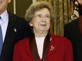 Children's book author Beverly Cleary is recipients of the National Medal of Arts in the Oval Office of the White House 12 November 2003 in Washington, DC.