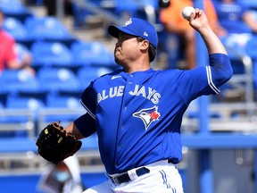 Blue Jays starting pitcher Hyun Jin Ryu (99) throws against the Baltimore Orioles during spring training at TD Ballpark.