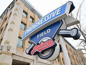 The Cleveland Indians logo is seen at the team's Progressive Field on December 16, 2020 in Cleveland.