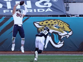 Jimmy Graham of the Chicago Bears catches a pass for a touchdown against the Jacksonville Jaguars at TIAA Bank Field on December 27, 2020 in Jacksonville, Florida.