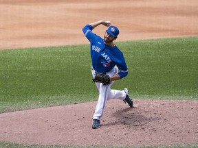 Blue Jays pitcher Jordan Romano delivers during a July 2020 game. The Canadian is stating a solid case to become the team's closer with Kirby Yates injured.