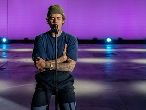 Singer Justin Bieber performs "10,000 Hours" from the Hollywood Bowl at the 54th annual Country Music Association Awards in Los Angeles November 11, 2020.