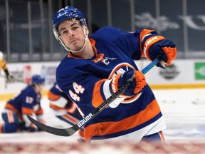 Jean-Gabriel Pageau of the Islanders skates in warm-ups prior to a game against the Penguins at the Nassau Coliseum in Uniondale, N.Y., Feb. 27, 2021.