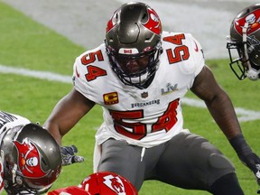 Tampa Bay Buccaneers' Lavonte David is pictured in action at  Super Bowl LV at Raymond James Stadium in Tampa, Fla., Feb. 7, 2021.