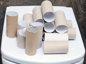 Empty toilet paper rolls on the white toilet tank, close-up. Coronavirus quarantine and isolation