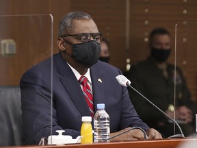 U.S. Secretary of Defense Lloyd Austin attends a meeting with South Korean Minister of Defense Suh Wook at the Ministry of National Defense on March 17, 2021 in Seoul, South Korea.