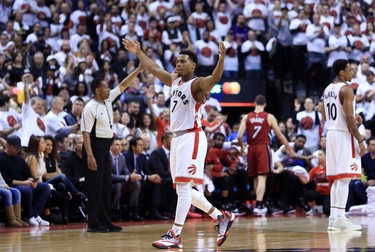 TORONTO, ON - MAY 15:  Kyle Lowry #7 of the Toronto Raptors celebrates late in the second half of Game Seven of the Eastern Conference Quarterfinals against the Miami Heat during the 2016 NBA Playoffs at the Air Canada Centre on May 15, 2016 in Toronto, Ontario, Canada.  NOTE TO USER: User expressly acknowledges and agrees that, by downloading and or using this photograph, User is consenting to the terms and conditions of the Getty Images License Agreement.  (Photo by Vaughn Ridley/Getty Images)