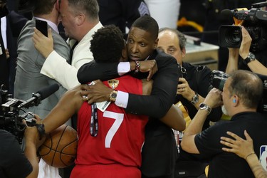 Jun 13, 2019; Oakland, CA, USA; Toronto Raptors president Masai Ujiri (right) hugs guard Kyle Lowry (7) after defeating the Golden State Warriors in game six of the 2019 NBA Finals to win the NBA Championship at Oracle Arena. Mandatory Credit:Sergio Estrada-USA TODAY Sports ORG XMIT: USATSI-404670