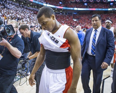 Toronto Raptors Kyle Lowry reacts to the loss to Brooklyn Nets in Game 7 NBA basketball playoffs at the Air Canada Centre  in Toronto, Ont. on Sunday May 4, 2014. Ernest Doroszuk/Toronto Sun/QMI Agency