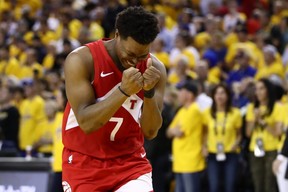 Kyle Lowry celebrates in the waning moments of Game 6 as the Raptors clinched their improbable NBA title in 2019 against the Golden State Warriors. Lowry is the most important player in Raptors history, barring one season of Kawhi Leonard. GETTY IMAGES