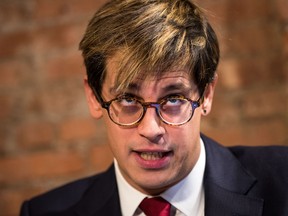 Milo Yiannopoulos speaks during a news conference, Feb. 21, 2017 in New York City.