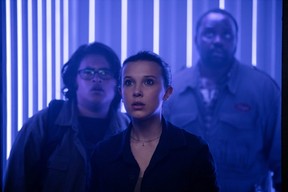Julian Dennison, Millie Bobby Brown and Brian Tyree Henry in a scene from Godzilla vs. Kong.