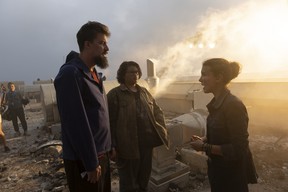 Adam Wingard, Julian Dennison and Millie Bobby Brown on the set of Godzilla vs. Kong.