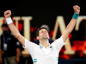 Novak Djokovic celebrates after winning the Australian Open final against Daniil Medvedev in Melbourne.