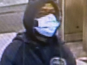 An image released by Toronto Police of a man wanted in a robbery and assault on a westbound TTC subway train on March 18, 2021 at 1:30 a.m.