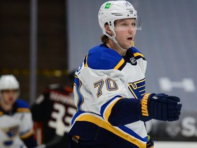 St. Louis Blues center Oskar Sundqvist reacts after scoring a power play goal against the during the first period at Honda Center in Anaheim, Calif., March 3, 2021.