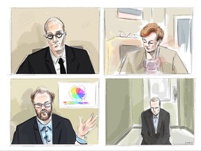 Crown attorney Joe Callaghan, clockwise from top left, Justice Anne Molloy, accused in the April 2018 Toronto van attack Alex Minsassian and Dr. Alexander Westphal are shown during a murder trial conducted via Zoom videoconference, in this courtroom sketch on Monday, Nov. 30, 2020.
