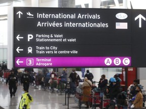 The flight arrival lineup at Toronto's Pearson International Airport located in Terminal One on Feb. 22, 2021.