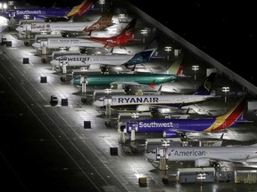 Aerial photo showing Boeing 737 Max airplanes parked at Boeing Field in Seattle October 20, 2019.